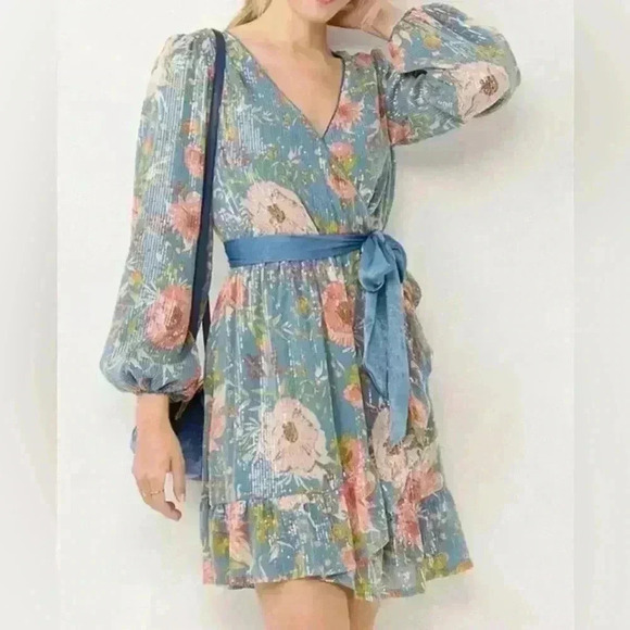 LC Lauren Conrad Faux-Wrap Fit & Flare blue&pink Floral sequin dress XXL - Picture 1 of 11